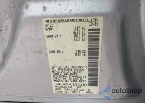 2017 Nissan Altima 2.5 Sv z USA, uszkodzony, nr VIN 1N4AL3AP2HC132184